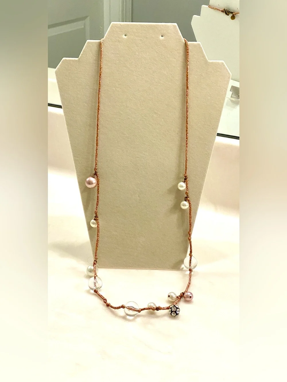 J. Crew Rose Gold Cord Necklace with Pink, White & Clear Beads